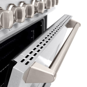 ZLINE 36 in. 5.2 cu. ft. Classic Dual Fuel Range with Gas Cooktop and Electric Convection Oven in Satin Stainless Steel with 6 Brass Burners (CDRS-BR-36) oven door detail.