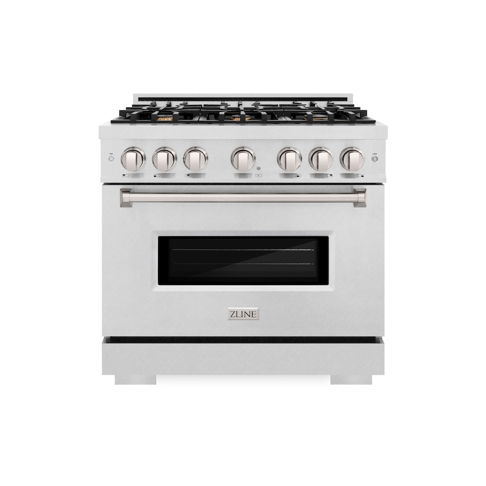 ZLINE 36 in. 5.2 cu. ft. Classic Dual Fuel Range with Gas Cooktop and Electric Convection Oven in Satin Stainless Steel with 6 Brass Burners (CDRS-BR-36)