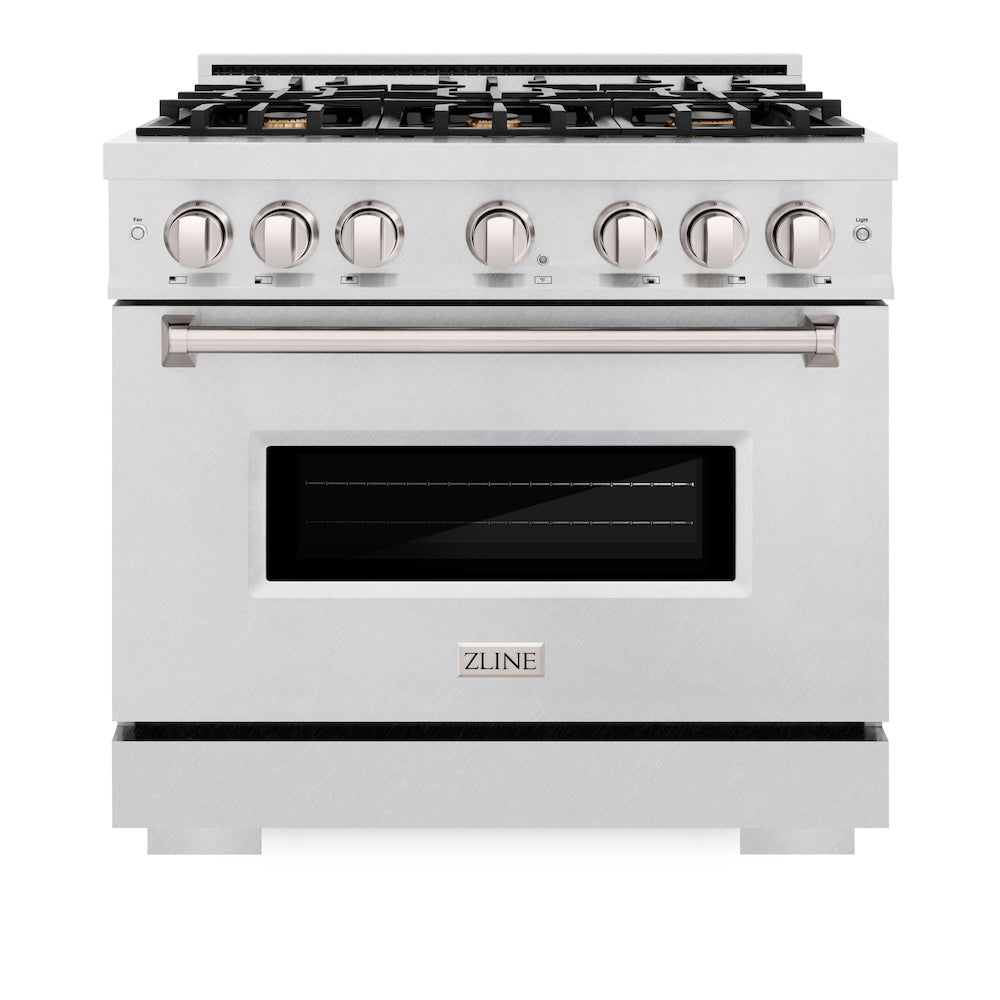 ZLINE 36 in. 5.2 cu. ft. Classic Dual Fuel Range with Gas Cooktop and Electric Convection Oven in Satin Stainless Steel with 6 Brass Burners (CDRS-BR-36) front, oven closed.