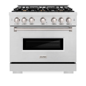 ZLINE 36 in. 5.2 cu. ft. Classic Dual Fuel Range with Gas Cooktop and Electric Convection Oven in Satin Stainless Steel with 6 Brass Burners (CDRS-BR-36) front, oven closed.