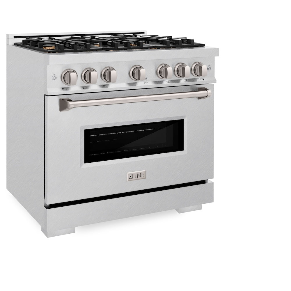 ZLINE 36 in. 5.2 cu. ft. Classic Dual Fuel Range with Gas Cooktop and Electric Convection Oven in Satin Stainless Steel with 6 Brass Burners (CDRS-BR-36) side, oven closed.