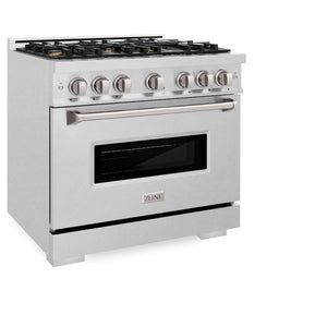 ZLINE 36 in. 5.2 cu. ft. Classic Dual Fuel Range with Gas Cooktop and Electric Convection Oven in Satin Stainless Steel with 6 Brass Burners (CDRS-BR-36) side, oven closed.