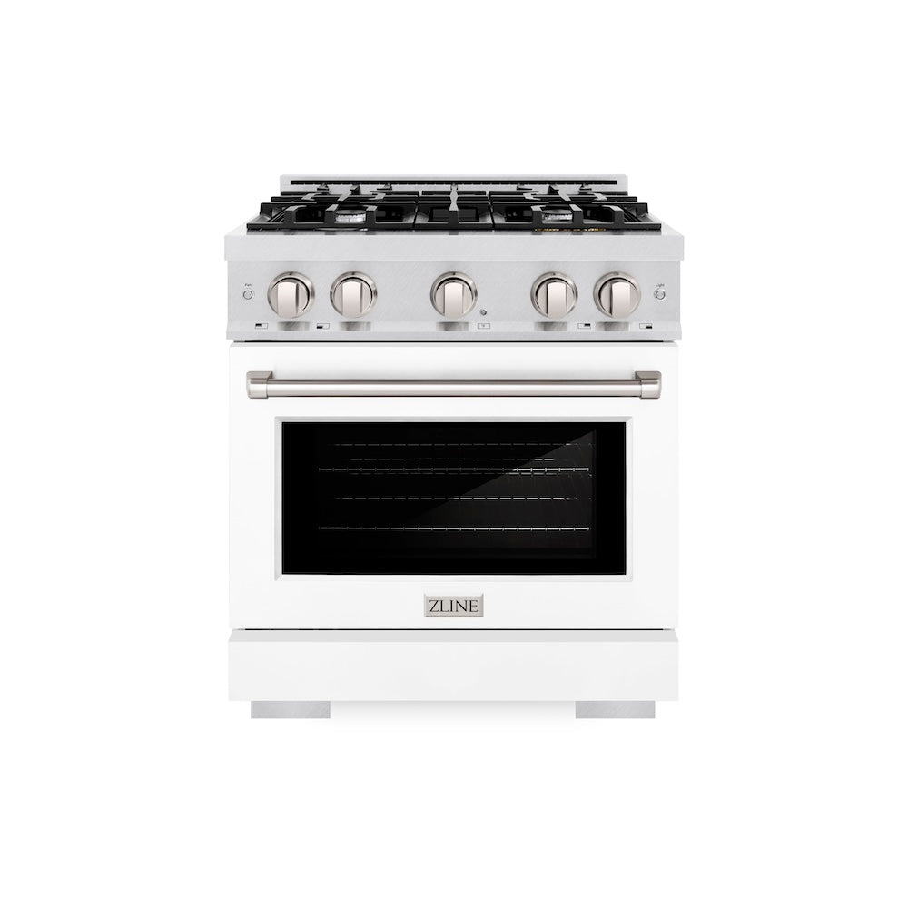 ZLINE 30 in. 4.2 cu. ft. Select Dual Fuel Range with 4 Burner Gas Cooktop and Electric Convection Oven in Satin Stainless Steel with White Matte Door (HDRS-WM-30) front.