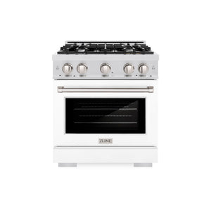 ZLINE 30 in. 4.2 cu. ft. Select Dual Fuel Range with 4 Burner Gas Cooktop and Electric Convection Oven in Satin Stainless Steel with White Matte Door (HDRS-WM-30) front.