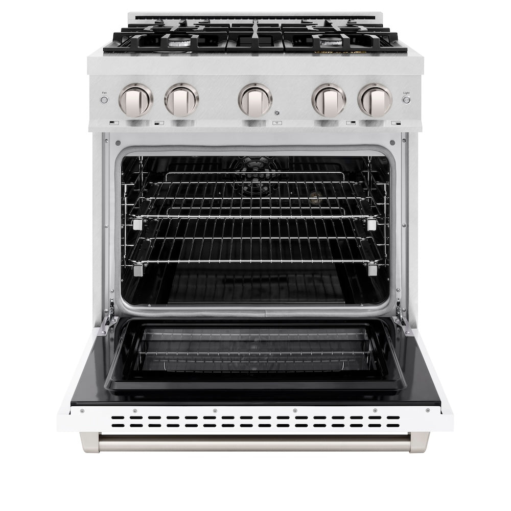 ZLINE 30 in. 4.2 cu. ft. Select Dual Fuel Range with 4 Burner Gas Cooktop and Electric Convection Oven in Satin Stainless Steel with White Matte Door (HDRS-WM-30) front, oven open.