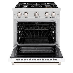 ZLINE 30 in. 4.2 cu. ft. Select Dual Fuel Range with 4 Burner Gas Cooktop and Electric Convection Oven in Satin Stainless Steel with White Matte Door (HDRS-WM-30) front, oven open.