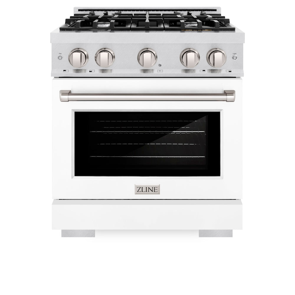 ZLINE 30 in. 4.2 cu. ft. Select Dual Fuel Range with 4 Burner Gas Cooktop and Electric Convection Oven in Satin Stainless Steel with White Matte Door (HDRS-WM-30) front, oven closed.
