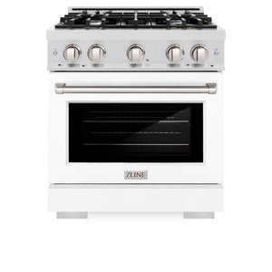 ZLINE 30 in. 4.2 cu. ft. Select Dual Fuel Range with 4 Burner Gas Cooktop and Electric Convection Oven in Satin Stainless Steel with White Matte Door (HDRS-WM-30) front, oven closed.