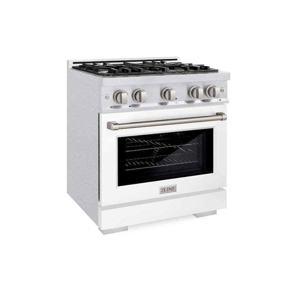 ZLINE 30 in. 4.2 cu. ft. Select Dual Fuel Range with 4 Burner Gas Cooktop and Electric Convection Oven in Satin Stainless Steel with White Matte Door (HDRS-WM-30) side.