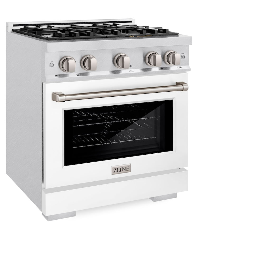 ZLINE 30 in. 4.2 cu. ft. Select Dual Fuel Range with 4 Burner Gas Cooktop and Electric Convection Oven in Satin Stainless Steel with White Matte Door (HDRS-WM-30) side, oven closed.