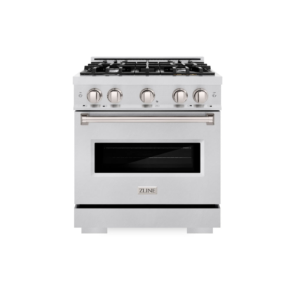 ZLINE 30 in. 4.2 cu. ft. Classic Dual Fuel Range with 4 Burner Gas Cooktop and Electric Convection Oven in Satin Stainless Steel (CDRS-30) front.