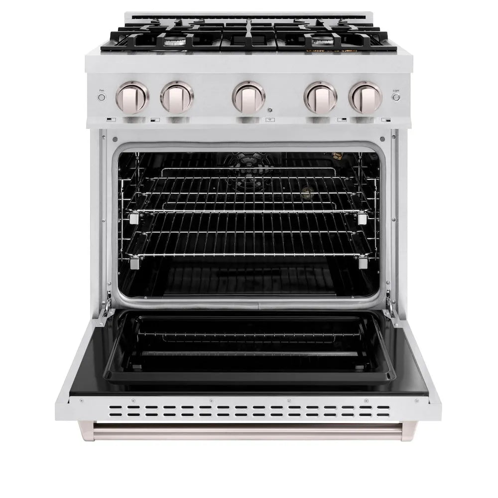 ZLINE 30 in. 4.2 cu. ft. Classic Gas Range with 4 Burner Cooktop and Convection Gas Oven in Satin Stainless Steel (CGRS-30) front, oven open.