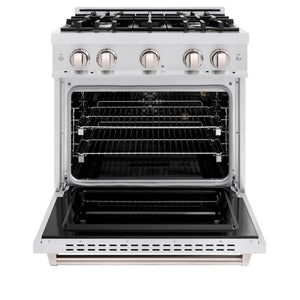 ZLINE 30 in. 4.2 cu. ft. Classic Gas Range with 4 Burner Cooktop and Convection Gas Oven in Satin Stainless Steel (CGRS-30) front, oven open.