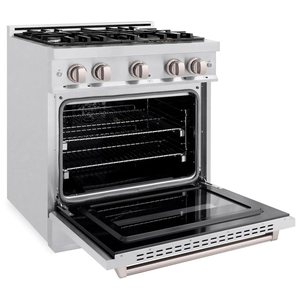 ZLINE 30 in. 4.2 cu. ft. Classic Gas Range with 4 Burner Cooktop and Convection Gas Oven in Satin Stainless Steel (CGRS-30) side, oven open.
