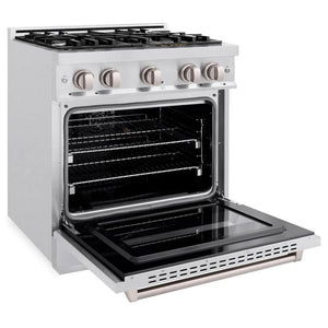 ZLINE 30 in. 4.2 cu. ft. Classic Gas Range with 4 Burner Cooktop and Convection Gas Oven in Satin Stainless Steel (CGRS-30) side, oven open.