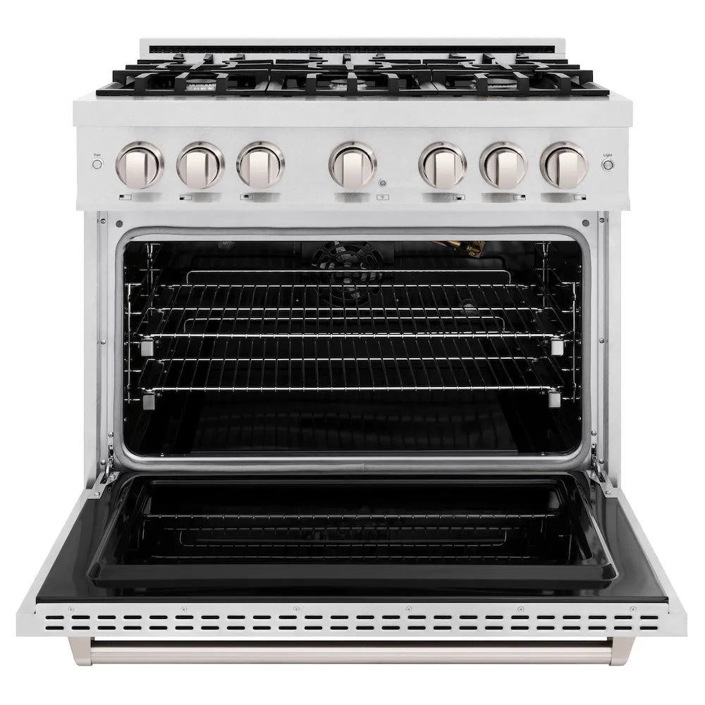 ZLINE 36 in. 5.2 cu. ft. Classic Gas Range with 6 Burner Cooktop and Convection Gas Oven in Satin Stainless Steel (CGRS-36) front, oven open.