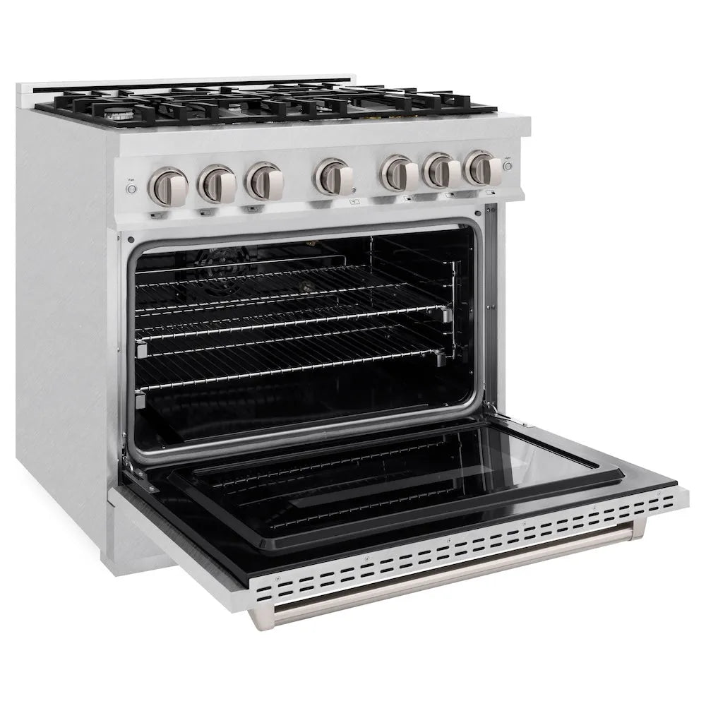 ZLINE 36 in. 5.2 cu. ft. Classic Gas Range with 6 Burner Cooktop and Convection Gas Oven in Satin Stainless Steel (CGRS-36) side, oven open.