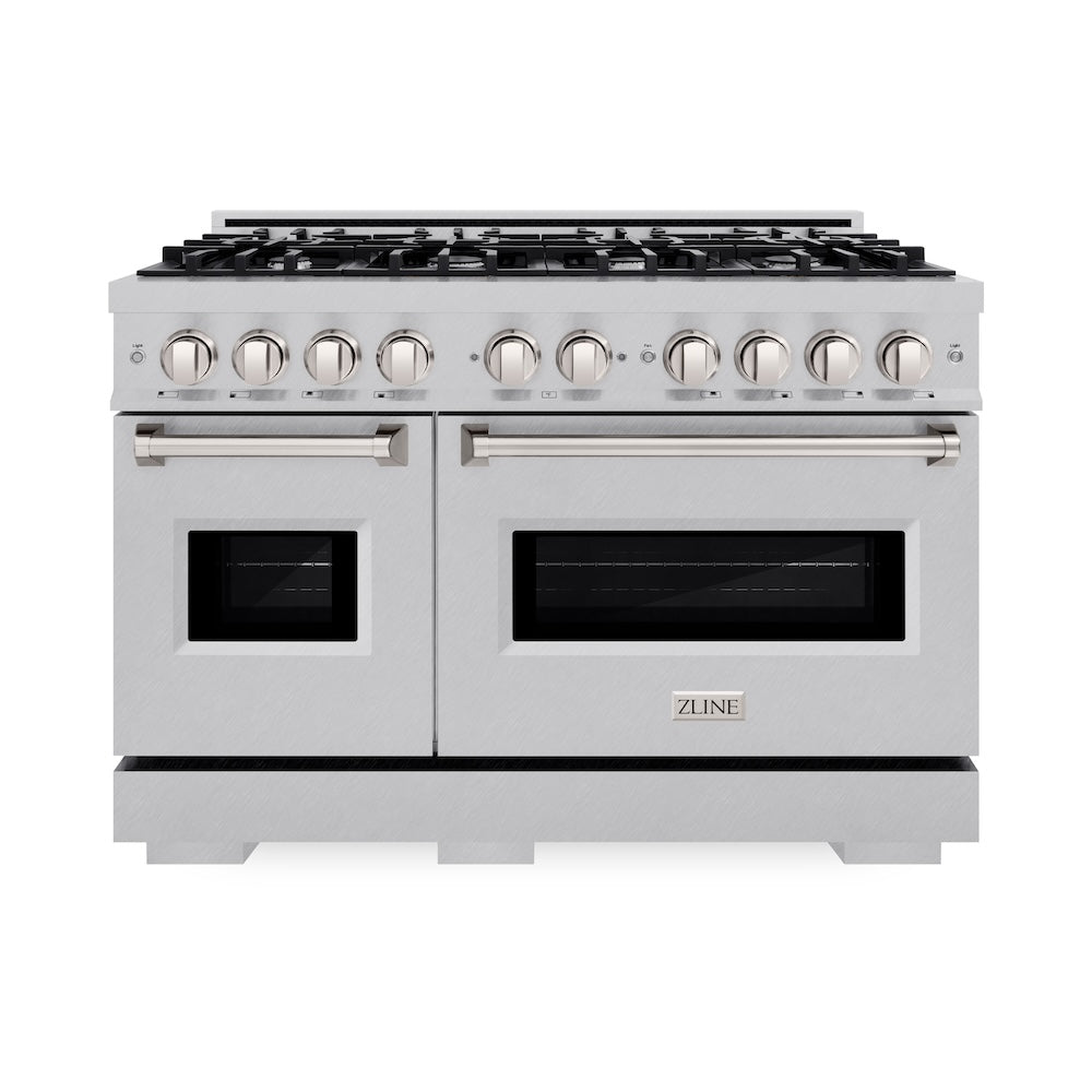 ZLINE 48 in. 6.7 cu. ft. Classic Double Oven Gas Range with 8 Burner Cooktop in Satin Stainless Steel (CGRS-48) front.