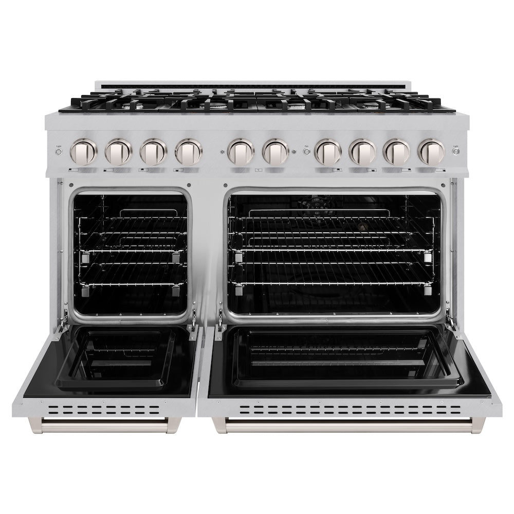 ZLINE 48 in. 6.7 cu. ft. Classic Double Oven Gas Range with 8 Burner Cooktop in Satin Stainless Steel (CGRS-48) front, oven open.