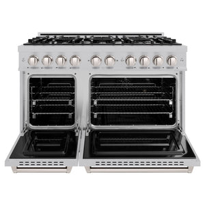 ZLINE 48 in. 6.7 cu. ft. Classic Double Oven Gas Range with 8 Burner Cooktop in Satin Stainless Steel (CGRS-48) front, oven open.