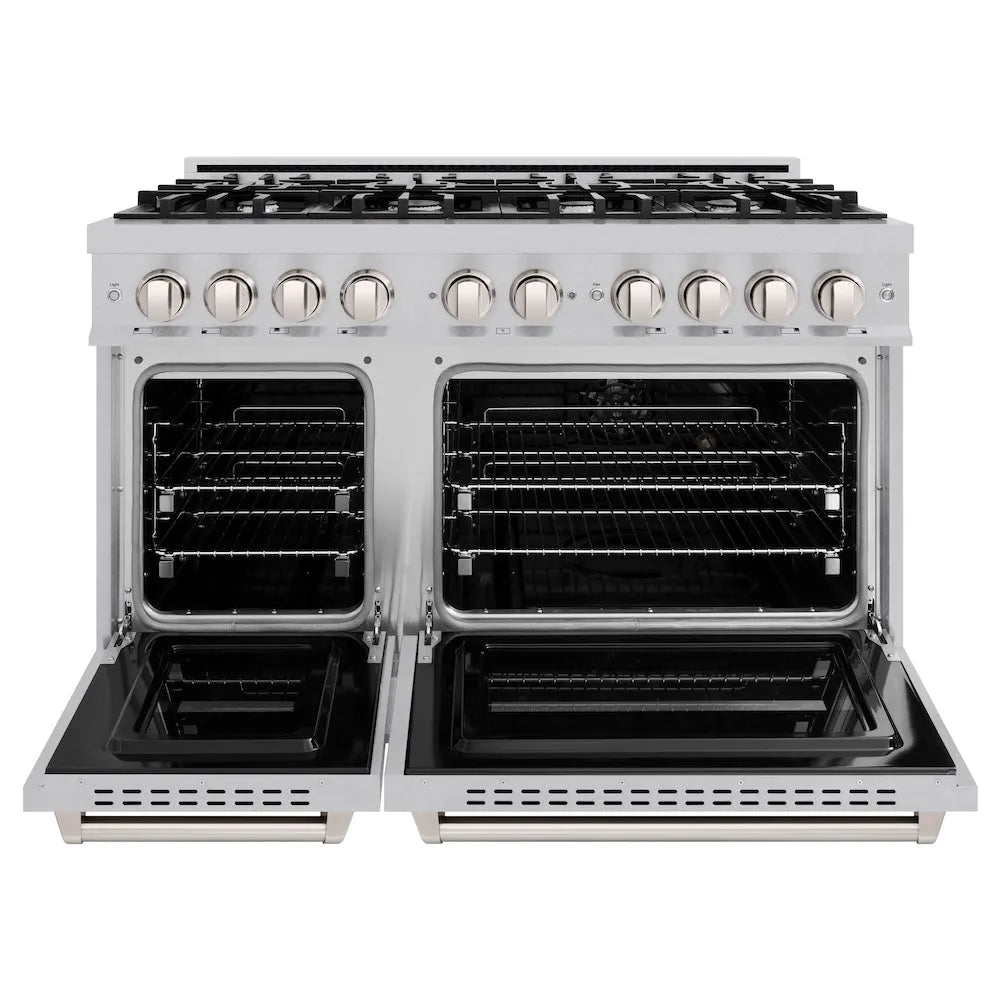 ZLINE 48 in. 6.7 cu. ft. Classic Double Oven Gas Range with 8 Burner Cooktop in Satin Stainless Steel (CGRS-48) front, oven open.