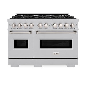 ZLINE 48 in. 6.7 cu. ft. Classic Double Oven Gas Range with 8 Burner Cooktop in Satin Stainless Steel (CGRS-48) front, oven closed.