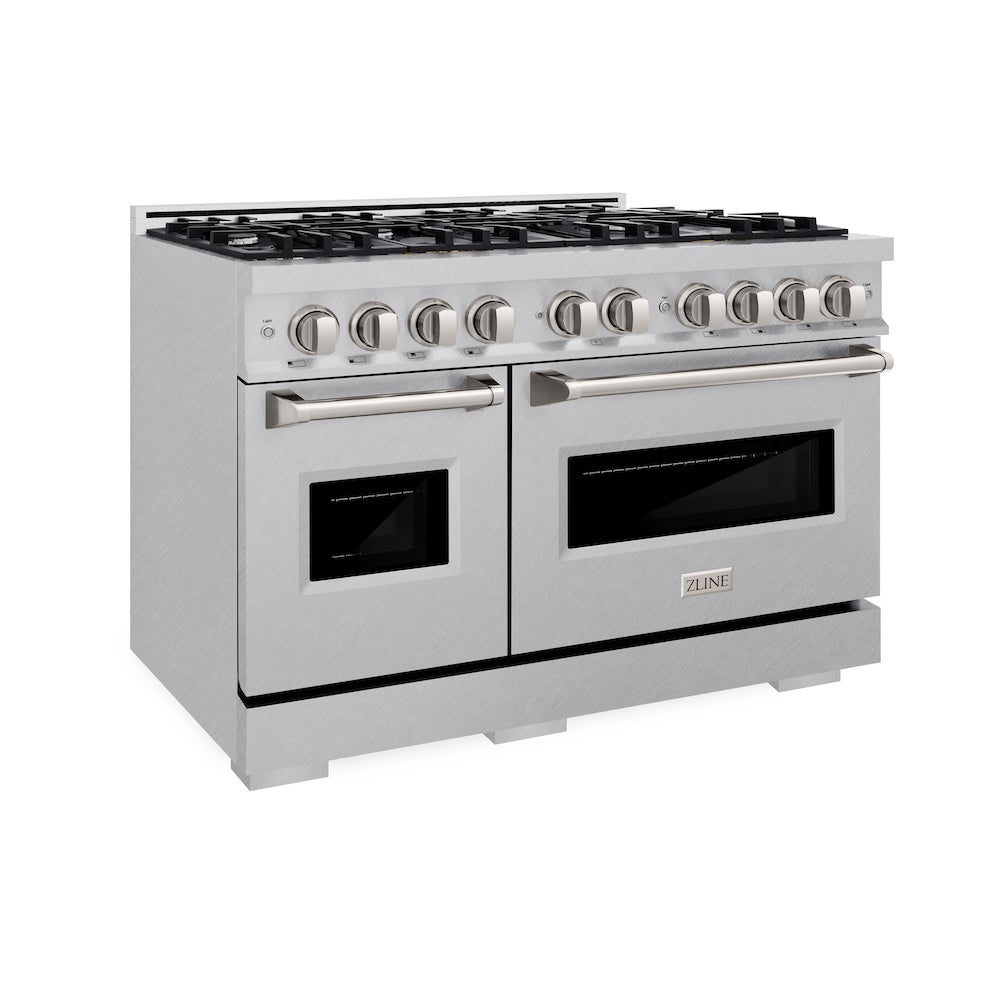ZLINE 48 in. 6.7 cu. ft. Classic Double Oven Gas Range with 8 Burner Cooktop in Satin Stainless Steel (CGRS-48) side.