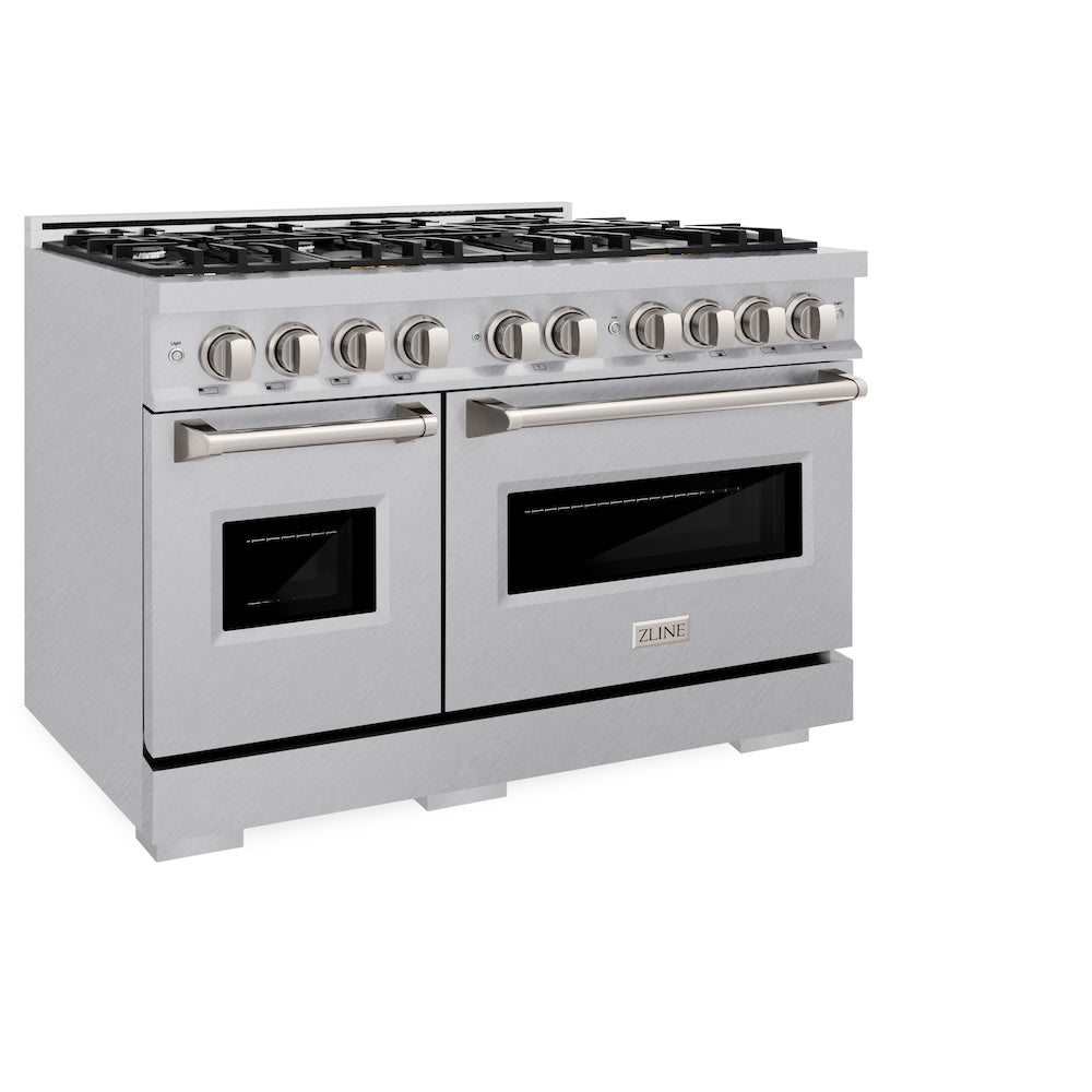 ZLINE 48 in. 6.7 cu. ft. Classic Double Oven Gas Range with 8 Burner Cooktop in Satin Stainless Steel (CGRS-48) side, oven closed.