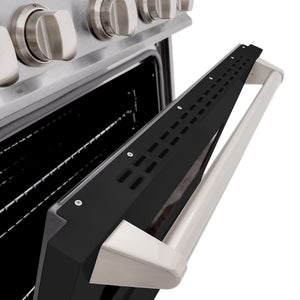 ZLINE 30 in. 4.2 cu. ft. Classic Gas Range with 4 Burner Cooktop and Convection Gas Oven in Satin Stainless Steel with Black Matte Door (CGRS-BLM-30) oven door and handle.