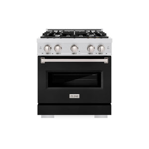 ZLINE 30 in. 4.2 cu. ft. Classic Gas Range with 4 Burner Cooktop and Convection Gas Oven in Satin Stainless Steel with Black Matte Door (CGRS-BLM-30) front.