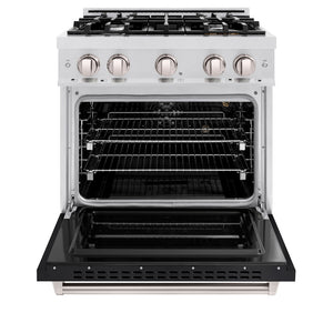 ZLINE 30 in. 4.2 cu. ft. Classic Gas Range with 4 Burner Cooktop and Convection Gas Oven in Satin Stainless Steel with Black Matte Door (CGRS-BLM-30) front, oven open.