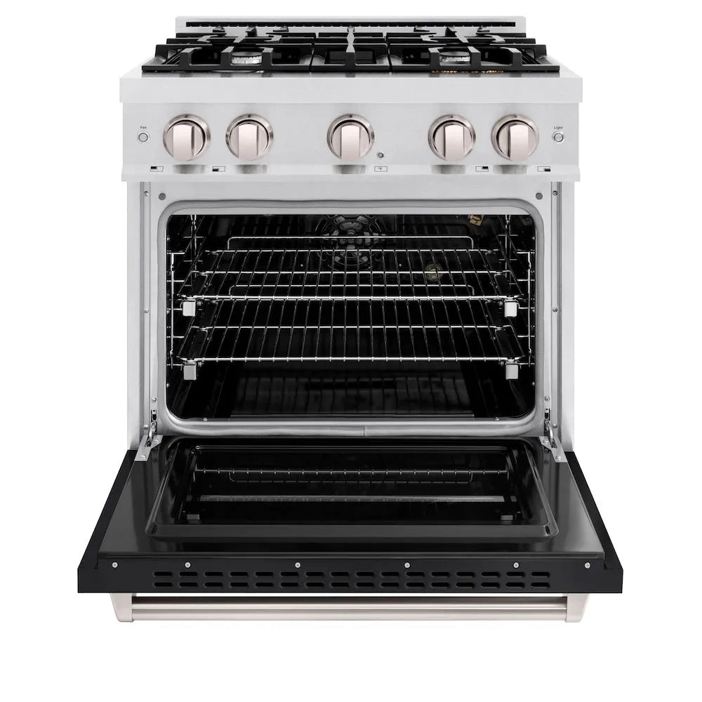 ZLINE 30 in. 4.2 cu. ft. Classic Gas Range with 4 Burner Cooktop and Convection Gas Oven in Satin Stainless Steel with Black Matte Door (CGRS-BLM-30) front, oven open.