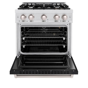 ZLINE 30 in. 4.2 cu. ft. Classic Gas Range with 4 Burner Cooktop and Convection Gas Oven in Satin Stainless Steel with Black Matte Door (CGRS-BLM-30) front, oven open.