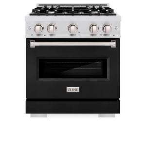ZLINE 30 in. 4.2 cu. ft. Classic Gas Range with 4 Burner Cooktop and Convection Gas Oven in Satin Stainless Steel with Black Matte Door (CGRS-BLM-30) front, oven closed.