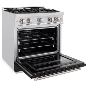 ZLINE 30 in. 4.2 cu. ft. Classic Gas Range with 4 Burner Cooktop and Convection Gas Oven in Satin Stainless Steel with Black Matte Door (CGRS-BLM-30) side, oven open.