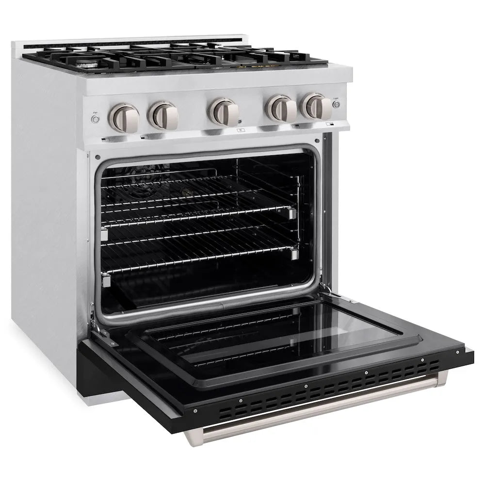 ZLINE 30 in. 4.2 cu. ft. Classic Gas Range with 4 Burner Cooktop and Convection Gas Oven in Satin Stainless Steel with Black Matte Door (CGRS-BLM-30) side, oven open.