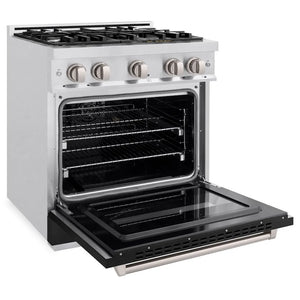 ZLINE 30 in. 4.2 cu. ft. Classic Gas Range with 4 Burner Cooktop and Convection Gas Oven in Satin Stainless Steel with Black Matte Door (CGRS-BLM-30) side, oven open.