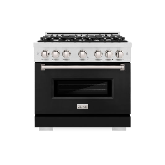 ZLINE 36 in. 5.2 cu. ft. Classic Gas Range with 6 Burner Cooktop and Convection Gas Oven in Satin Stainless Steel with Black Matte Door (CGRS-BLM-36) front.