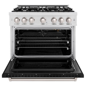 ZLINE 36 in. 5.2 cu. ft. Classic Gas Range with 6 Burner Cooktop and Convection Gas Oven in Satin Stainless Steel with Black Matte Door (CGRS-BLM-36) front, oven open.