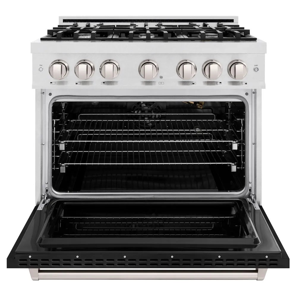 ZLINE 36 in. 5.2 cu. ft. Classic Gas Range with 6 Burner Cooktop and Convection Gas Oven in Satin Stainless Steel with Black Matte Door (CGRS-BLM-36) front, oven open.