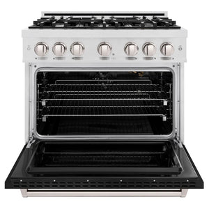 ZLINE 36 in. 5.2 cu. ft. Classic Gas Range with 6 Burner Cooktop and Convection Gas Oven in Satin Stainless Steel with Black Matte Door (CGRS-BLM-36) front, oven open.