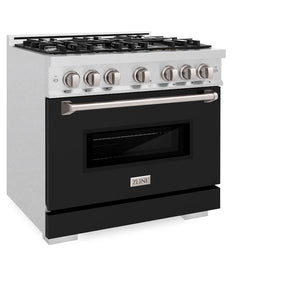 ZLINE 36 in. 5.2 cu. ft. Classic Gas Range with 6 Burner Cooktop and Convection Gas Oven in Satin Stainless Steel with Black Matte Door (CGRS-BLM-36) side, oven closed.