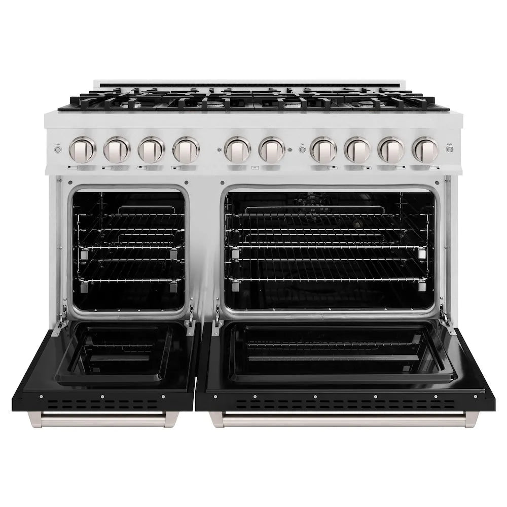 ZLINE 48 in. 6.7 cu. ft. Classic Double Oven Gas Range with 8 Burner Cooktop in Satin Stainless Steel with Black Matte Doors (CGRS-BLM-48) front, oven open.