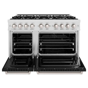 ZLINE 48 in. 6.7 cu. ft. Classic Double Oven Gas Range with 8 Burner Cooktop in Satin Stainless Steel with Black Matte Doors (CGRS-BLM-48) front, oven open.