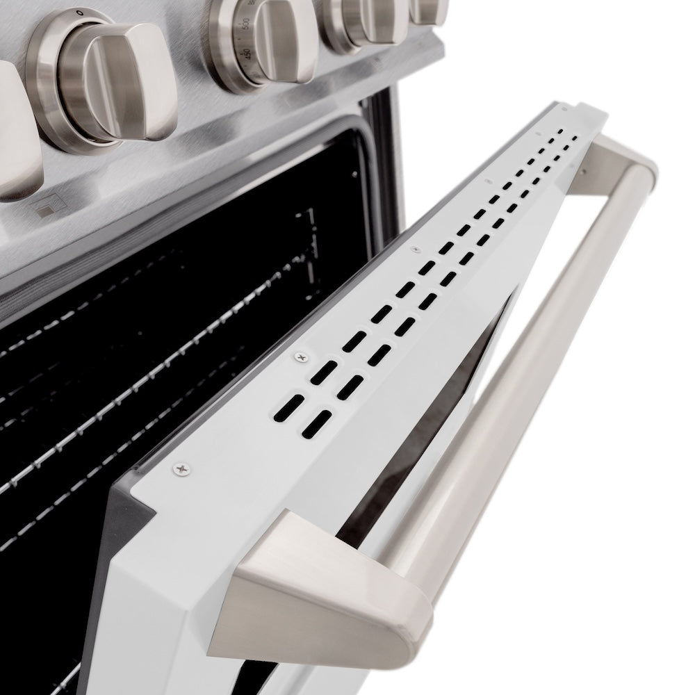 ZLINE 30 in. 4.2 cu. ft. Classic Gas Range with 4 Burner Cooktop and Convection Gas Oven in Satin Stainless Steel with White Matte Door (CGRS-WM-30) oven door and handle.