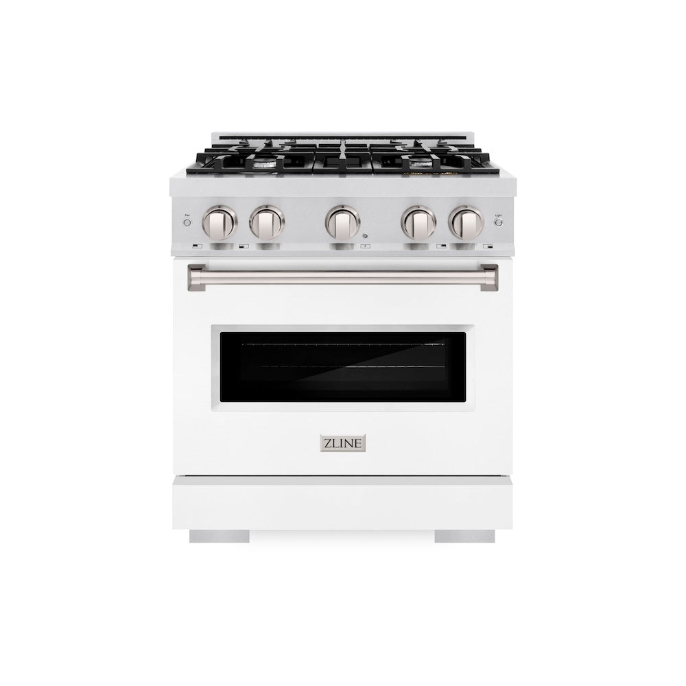 ZLINE 30 in. 4.2 cu. ft. Classic Gas Range with 4 Burner Cooktop and Convection Gas Oven in Satin Stainless Steel with White Matte Door (CGRS-WM-30) front.
