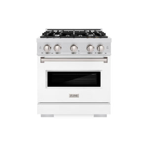 ZLINE 30 in. 4.2 cu. ft. Classic Gas Range with 4 Burner Cooktop and Convection Gas Oven in Satin Stainless Steel with White Matte Door (CGRS-WM-30) front.