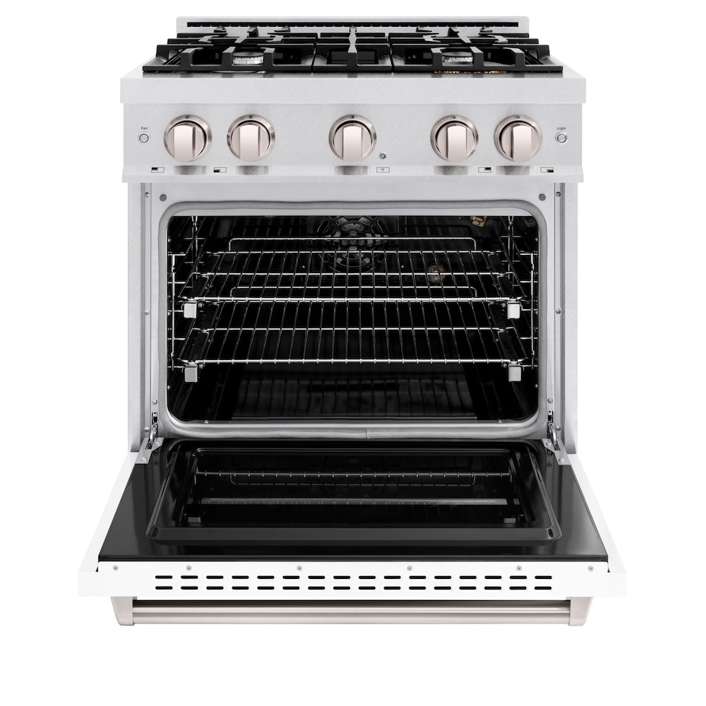 ZLINE 30 in. 4.2 cu. ft. Classic Gas Range with 4 Burner Cooktop and Convection Gas Oven in Satin Stainless Steel with White Matte Door (CGRS-WM-30) front, oven open.