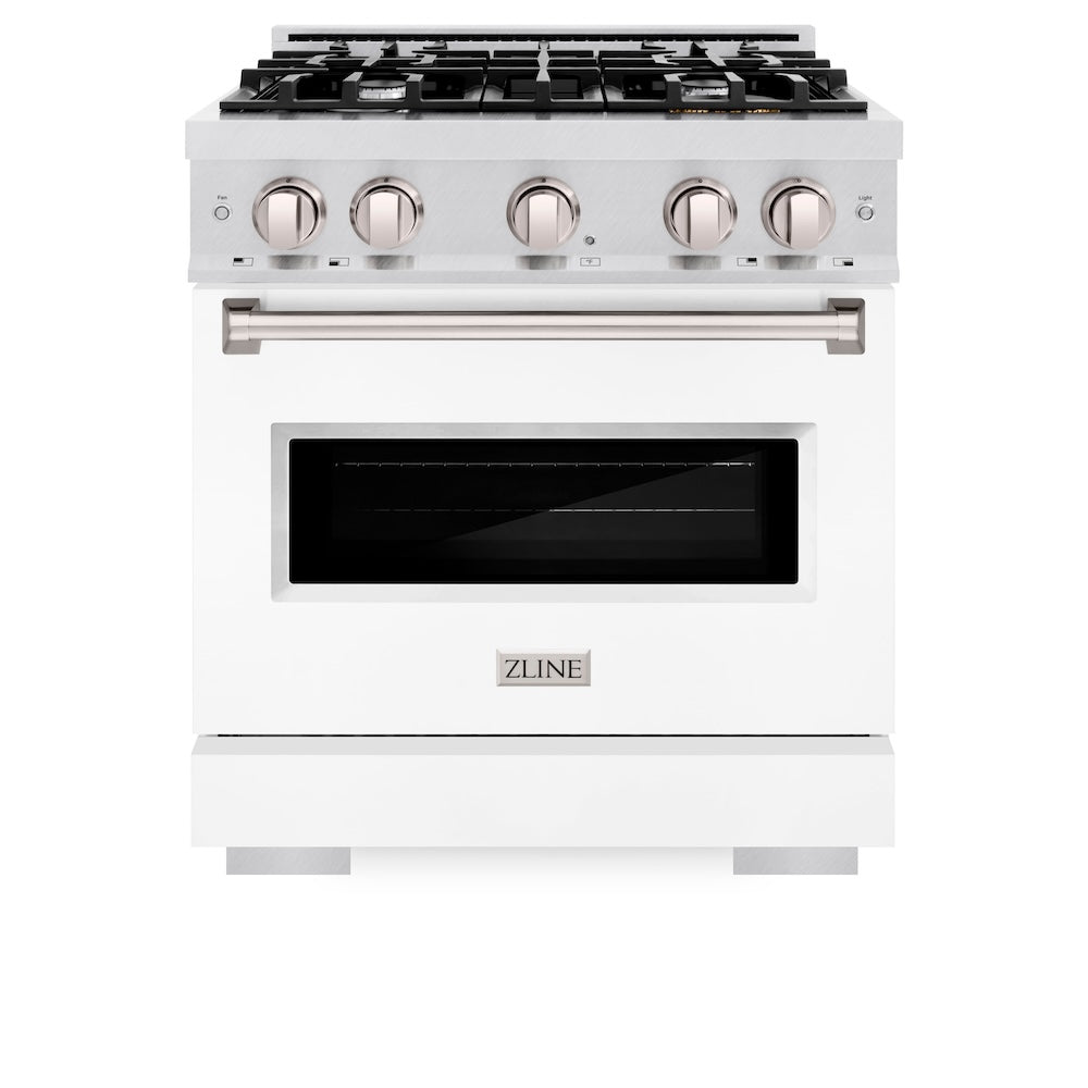 ZLINE 30 in. 4.2 cu. ft. Classic Gas Range with 4 Burner Cooktop and Convection Gas Oven in Satin Stainless Steel with White Matte Door (CGRS-WM-30) front, oven closed.