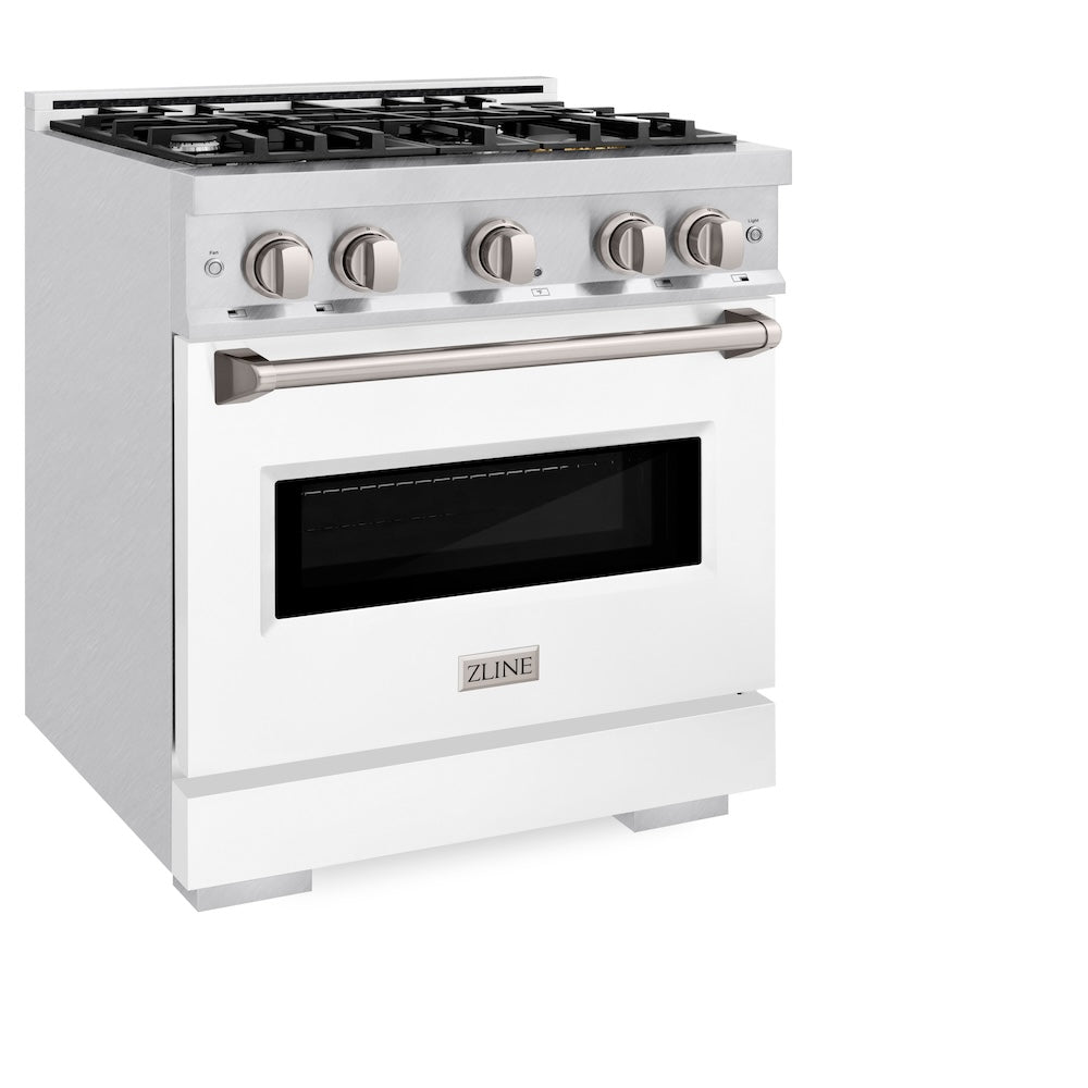 ZLINE 30 in. 4.2 cu. ft. Classic Gas Range with 4 Burner Cooktop and Convection Gas Oven in Satin Stainless Steel with White Matte Door (CGRS-WM-30) side, oven closed.